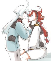2girls ahoge asticassia_school_uniform black_hairband black_pantyhose blue_eyes commentary_request eye_contact green_jacket green_shorts grey_eyes gundam gundam_suisei_no_majo hairband hand_on_another&#039;s_face highres jacket jappo long_hair looking_at_another miorine_rembran multiple_girls open_mouth pantyhose ponytail red_hair school_uniform shorts simple_background sitting smile suletta_mercury tears thick_eyebrows white_background white_hair white_jacket white_shorts yuri