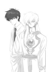 2boys aisikadan cardcaptor_sakura closed_mouth expressionless hair_between_eyes highres kinomoto_touya monochrome multiple_boys necktie shirt simple_background white_background yue_(cardcaptor_sakura)