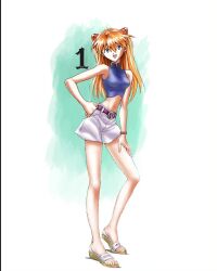 Rule 34 | 1girl, amondetauro, blue eyes, blue shirt, breasts, contrapposto, crop top, flip-flops, full body, hand on own hip, highres, interface headset (evangelion), long hair, medium breasts, midriff, narrow waist, navel, neon genesis evangelion, open mouth, orange hair, sadamoto yoshiyuki (style), sandals, shirt, short shorts, shorts, smile, solo, souryuu asuka langley, standing, white shorts