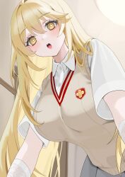 1girl blonde_hair breasts brown_sweater_vest collared_shirt commentary elbow_gloves gloves grey_skirt highres indoors large_breasts long_hair looking_at_viewer m1k0to_zz open_mouth pleated_skirt school_emblem school_uniform shirt shokuhou_misaki short_sleeves skirt solo sparkling_eyes summer_uniform sweater_vest symbol-shaped_pupils toaru_kagaku_no_railgun toaru_majutsu_no_index tokiwadai_school_uniform v-neck white_gloves white_shirt yellow_eyes