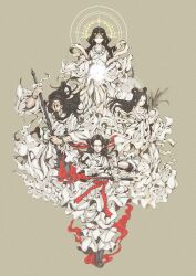1boy 3girls amaterasu_(mythology) baby beard black_hair circlet closed_eyes commentary_request expressionless facial_hair fire floating_hair hair_rings halo highres holding holding_sword holding_weapon japanese_mythology kuni_no_tokotachi_(mythology) long_hair looking_at_viewer multiple_girls original rice_(plant) robe shinto smile sun sword tamayori-hime_(mythology) weapon white_robe yamada_satoshi yamato_takeru_(mythology)