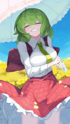 1girl absurdres blue_sky breasts closed_eyes commentary field flower flower_field green_hair highres hirachill16 kazami_yuuka long_sleeves necktie outdoors plaid_clothes plaid_skirt plaid_vest red_skirt red_vest shirt short_hair skirt sky smile solo touhou umbrella vest white_shirt white_umbrella yellow_necktie