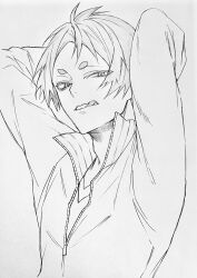Rule 34 | 1boy, 3 surugi, :d, arms up, collared jacket, commentary request, grey background, greyscale, haikyuu!!, highres, jacket, komori motoya, long sleeves, looking to the side, male focus, monochrome, open mouth, partially unzipped, popped collar, shirt, short hair, sideways glance, simple background, smile, tongue, tongue out, upper body, v-neck, zipper, zipper pull tab