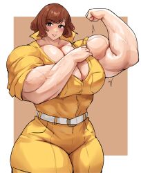 Rule 34 | 1girl, absurdres, april o&#039;neil, belt, blush, bodysuit, breasts, brown hair, curvy, female focus, flexing, highres, large breasts, looking at viewer, musctonk, muscular, muscular female, short hair, solo, teenage mutant ninja turtles, thick arms, thick thighs, thighs, veins, veiny arms