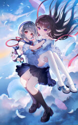 2girls bang_dream! bang_dream!_it&#039;s_mygo!!!!! belt beret black_hair black_shoes black_socks blue_belt blue_dress blue_nails blue_skirt bow bowtie carrying character_doll chinese_commentary closed_mouth commentary_request detached_sleeves diagonal-striped_bow diagonal-striped_bowtie diagonal-striped_clothes doll dress flying grey_hair hair_ornament hairclip hat highres ichitata itabag kneehighs loafers looking_at_viewer mole mole_under_eye multiple_girls nail_polish open_mouth panda_hair_ornament pink_umbrella princess_carry purple_eyes red_eyes sailor_dress school_uniform shiina_taki shirt shoes short_hair short_sleeves skirt socks striped_clothes takamatsu_tomori thighhighs umbrella white_hat white_shirt white_shoes white_thighhighs white_wrist_cuffs wrist_cuffs yuri