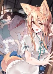 Rule 34 | 2girls, animal ears, black hair, blonde hair, blush, breasts, closed eyes, covered navel, dress, fox ears, fox girl, fox tail, hat, hickey, highres, hugging blanket, iizunamaru megumu, japanese clothes, kagami toufu, kimono, kudamaki tsukasa, legs, long hair, long sleeves, looking at viewer, multiple girls, open mouth, pink kimono, pointy ears, short sleeves, sleeping, small breasts, smile, tail, thighs, tokin hat, tokkuri, touhou, unworn clothes, unworn headwear, white dress, yellow eyes
