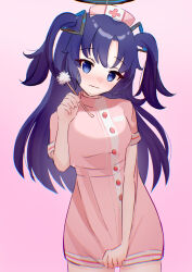 Rule 34 | 1girl, alternate costume, black halo, blue archive, blue eyes, blush, closed mouth, commentary request, dandelion, dress, flower, gradient background, halo, hat, highres, holding, holding flower, long hair, nurse, nurse cap, pink background, pink dress, purple hair, solo, tawashi (hoisassa), two side up, yuuka (blue archive)
