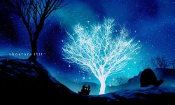 artist_name bare_tree copyright_name glowing glowing_eyes highres hoshikui night night_sky no_humans original outdoors scenery shoutarou_(shoutarotttt) silhouette sky star_(sky) starry_sky tree