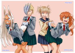 4girls angry aqua_eyes artist_name artist_request ass assertive_female bent_over blonde_hair blush boku_no_hero_academia breasts brown_eyes bullying butt_crack clenched_hands clenched_teeth collared_shirt dark-skinned_female dark_skin double_bun dragon_girl ear_piercing embarrassed eyelashes female_focus grey_jacket grin hair_bun hands_up happy humiliation jacket kendou_itsuka knees_together_feet_apart large_breasts legs long_hair long_sleeves looking_at_another looking_away medium_breasts medium_hair messy_hair miniskirt mirko multiple_girls neck necktie open_mouth orange_hair pain panties parted_bangs parted_lips piercing pink_background prank rabbit_ears rabbit_girl rabbit_tail ryuukyuu sailor_collar school_uniform sharp_teeth shirt side_ponytail sidelocks simple_background skirt smile standing teeth thighs toga_himiko underwear wedgie white_hair white_panties yellow_eyes