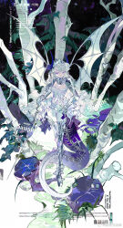1girl armor dragon_wings dress english_text flower highres holding horns jingrouyugui long_hair looking_at_viewer original plant purple_flower solo tail white_hair wings