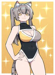 1girl ^^^ absurdres alternate_breast_size animal_ear_fluff animal_ears arm_at_side arm_behind_back artist_name bare_shoulders black_hair black_one-piece_swimsuit black_streaks black_tail border borrowed_character breasts cat_ears cat_girl cat_tail cleavage cleavage_cutout clothing_cutout collared_one-piece_swimsuit commentary covered_collarbone covered_navel cowboy_shot crim_(crim7x) double-parted_bangs eyebrows_hidden_by_hair gluteal_fold go!_go!_gris! grey_hair grey_one-piece_swimsuit grey_tail groin hair_between_eyes hair_intakes half-closed_eyes hand_on_own_hip high_collar highleg highleg_one-piece_swimsuit highres impossible_clothes impossible_swimsuit large_breasts light_blush long_eyelashes long_hair looking_at_viewer looking_down multicolored_hair multicolored_swimsuit narrowed_eyes one-piece_swimsuit original sidelocks signature slit_pupils smile smug solo sparkle sparkle_background streaked_hair striped_blush striped_tail swimsuit symbol-only_commentary tail thick_eyelashes thick_thighs thighs triangle_cutout tsurime twintails two-tone_hair two-tone_tail v-shaped_eyebrows viska_(go!_go!_gris!) white_border white_one-piece_swimsuit white_trim wide_hips yellow_background yellow_eyes yellow_one-piece_swimsuit ||/