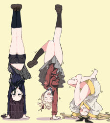 &gt;:) &gt;_&lt; 3girls bare_legs black_hair black_hairband black_socks blonde_hair blue_eyes bow_hairband clenched_teeth commentary_request failure grey_skirt hairband handstand highres inoue_takina kurumi_(lycoris_recoil) long_hair long_sleeves lycoris_challenge_(meme) lycoris_recoil lycoris_uniform meme multiple_girls nishikigi_chisato one_arm_handstand panyatteria shorts shorts_under_skirt simple_background skirt skirt_hold smug socks teeth v-shaped_eyebrows yellow_background