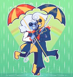 arm_around_waist black_shoes blue_skin boots colored_skin deltarune elnina fearsomefate green_background heart heart-shaped_eyes highres holding holding_umbrella jacket lanino necktie rain rainbow red_necktie rubber_boots shoes smile standing standing_on_one_leg sunglasses umbrella white_hair yellow_boots yellow_skin