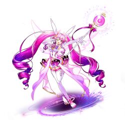 Rule 34 | 1girl, absurdly long hair, aisha landar, argyle clothes, argyle footwear, bare shoulders, black hole, boots, border, bow, bow legwear, bright pupils, coattails, collar, detached collar, detached sleeves, dress, drill hair, elsword, frilled sleeves, frills, full body, game cg, gem hair ornament, gloves, gradient hair, hair bow, happy, highres, holding, holding staff, hwansang, juliet sleeves, leg up, long hair, long sidelocks, long sleeves, looking at viewer, magic, magical girl, metamorphy (elsword), multicolored hair, official art, one eye closed, open mouth, outstretched arm, petticoat, pink collar, pink dress, pink eyes, pink gemstone, pink hair, puffy sleeves, purple hair, second-party source, short dress, sidelocks, sleeveless, sleeveless dress, smile, solo, space print, sparkle, staff, standing, star (symbol), starry sky print, tachi-e, tareme, thigh boots, transparent background, twin drills, twintails, two-sided dress, two-sided fabric, v, very long hair, wavy hair, white border, white bow, white dress, white gloves, white pupils, white sleeves