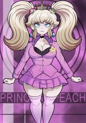 Rule 34 | 1girl, blonde hair, blue eyes, bowser, breasts, choker, cleavage cutout, clothing cutout, crown, danganronpa (series), enoshima junko, female focus, formal clothes, highres, jewelry, large breasts, looking at viewer, mario, mario (series), nintendo, ornament, princess peach, skirt, solo, star (symbol), super star (mario), suit, teenagebratwurst, thick thighs, thighhighs, thighs