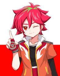 1girl beyblade beyblade_(object) beyblade_x breasts closed_mouth highres looking_at_viewer nekki_ai red_eyes red_hair short_hair simple_background smile