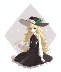 1girl barefoot blonde_hair brown_hat brown_skirt brown_vest closed_mouth commentary_request cross dolls_in_pseudo_paradise feathers fedora frilled_hat frilled_shirt_collar frilled_skirt frills full_body fuyuakatsuki_00 green_feathers hat hat_feather highres holding holding_cross jacket_girl_(dipp) long_hair long_sleeves neck_ribbon puffy_sleeves red_eyes red_ribbon ribbon shirt sitting skirt solo touhou very_long_hair vest white_shirt yokozuwari