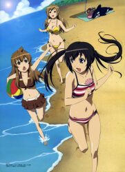 2000s_(style) 3girls absurdres ahoge angry bag ball barefoot beach beach_umbrella beachball bikini black_eyes black_hair blonde_hair bow_swimsuit breasts brown_eyes brown_hair chasing chestnut_mouth clenched_hand cloud copyright_name copyright_notice dutch_angle fleeing footprints frilled_bikini frills hand_up highres huge_ahoge large_breasts leg_up lens_flare long_hair medium_breasts midriff minami-ke minami_chiaki minami_haruka minami_kana multiple_girls navel ocean official_art open_mouth orca outdoors running sand scan seashell shell shell_bikini shore sky smile splashing standing standing_on_one_leg striped_bikini striped_clothes swim_ring swimsuit twintails umbrella water yellow_bikini