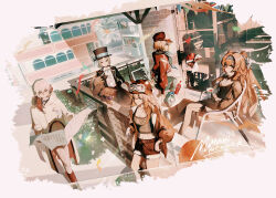 1other 4girls absurdres against_railing animal_ear_headwear animalization apple apple_(reverse:1999) artist_name ascot aviator_cap bkornblume black_bow black_bowtie black_coat black_hat blonde_hair blue_bow blue_dress blue_eyes blue_flower blue_neckerchief boater_hat border bow bowtie breasts brick_wall brown_hair brown_hat brown_jacket brown_shorts building chair checkered_hairband cleavage coat coca-cola cola colored_tips cup dress fading_border fake_animal_ears fennec_fox flower food fruit goggles goggles_on_headwear green_eyes green_shirt grey_cloak grey_eyes grey_hair grey_pants grey_sleeves hair_bun hairband hat hat_bow highres holding holding_cup holding_newspaper holding_saucer jacket lilya_(reverse:1999) long_hair looking_at_viewer medicine_pocket midriff mimaki_pv mouth_hold ms._radio multicolored_hair multiple_girls navel neckerchief newsboy_cap newspaper on_chair on_table outdoors pants pants_under_dress polka_dot_neckerchief radio railing red_jacket regulus_(reverse:1999) reverse:1999 saucer shirt short_dress short_hair shorts single_side_bun sitting soda_bottle sonetto_(reverse:1999) stalk_in_mouth standing table teacup traditional_bowtie two_side_up vertin_(reverse:1999) white_ascot white_coat white_dress white_hair white_pants white_shirt yellow_eyes