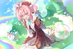 1girl absurdres aqua_bow aqua_bowtie aqua_eyes aqua_hair blue_sky bow bowtie bubble dress drill_hair hat highres honkai:_star_rail honkai_(series) hyacine_(honkai:_star_rail) little_ica_(honkai:_star_rail) medium_hair multicolored_hair on_grass open_mouth pantyhose rainbow red_dress red_hat sky twin_drills twintails two-tone_hair white_pantyhose ya_uwu_x