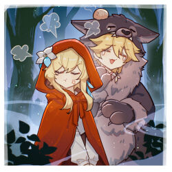 aether_(genshin_impact) anger_vein animal_costume ayiiiyiii blonde_hair brother_and_sister cloak closed_eyes flower genshin_impact head_bump highres hood hood_up hooded_cloak little_red_riding_hood_(fairy_tale) long_sleeves lumine_(genshin_impact) night pout red_cloak shirt short_hair_with_long_locks siblings tree upper_body white_flower white_shirt wolf_costume