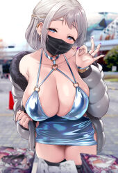 1girl :q black_mask blue_dress blue_eyes blurry blurry_background blush bodycon breasts bridal_gauntlets coat commentary_request dress earrings fellatio_gesture fur-trimmed_coat fur_trim gakuen_idolmaster grey_coat heart heart_earrings highres idolmaster jewelry katsuragi_lilja large_breasts latex latex_dress leaning_forward looking_at_viewer mask medium_hair mole mole_on_chest mouth_mask outdoors purple_nails pussy_juice satou_kuuki solo tokyo_big_sight tongue tongue_out wet white_hair