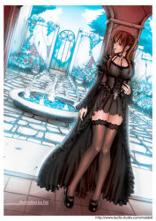 1girl arch black_dress brick brown_hair bush choker cloud cobblestone corset cross dress fei_(maidoll) female_focus floor flower fountain frills gate lace latin_cross legs long_hair looking_away original shoes sky solo stone text_focus thighhighs tiles tree twintails wall water zettai_ryouiki