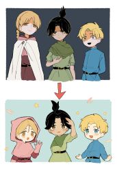 Rule 34 | 1boy, 2girls, absurdres, age comparison, belt, black hair, blonde hair, blue eyes, blush, braid, braided ponytail, brown eyes, brown hair, buttons, chi.: chikyuu no undou ni tsuite, cloak, comparison, draka (chi.), gloves, highres, hood, hooded cloak, jacket, jolenta, long sleeves, looking at viewer, meonjiuikkum, multiple girls, open mouth, ponytail, rafal (chi.), short hair, single braid, smile