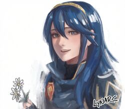 1girl :d artist_name blue_eyes blue_hair brand_of_the_exalt cm_lynarc commentary english_commentary fire_emblem fire_emblem_awakening flower hair_between_eyes headband highres holding holding_flower long_hair looking_at_viewer lucina_(fire_emblem) nintendo open_mouth smile solo symbol_in_eye teeth tiara upper_body upper_teeth_only white_background