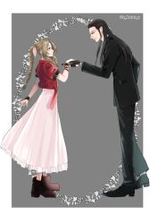1boy 1girl aerith_gainsborough bangle bindo black_gloves black_hair black_jacket black_pants black_shoes black_suit boots border bracelet braid braided_ponytail brown_boots brown_hair cropped_jacket dress earrings final_fantasy final_fantasy_vii final_fantasy_vii_remake formal_clothes full_body gloves green_eyes grey_background hair_ribbon hair_slicked_back holding_hands jacket jewelry long_dress long_hair looking_at_another pants parted_bangs pink_dress pink_ribbon puffy_short_sleeves puffy_sleeves red_jacket ribbon s_kouta_s shoes short_sleeves sidelocks single_braid smile suit suit_jacket tseng twitter_username white_border