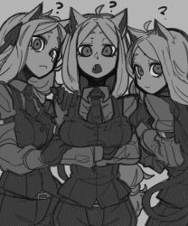 3girls ? absurdres ahoge animal_ears arm_garter belt bone_nigi breasts cerberus_(helltaker) closed_mouth collared_shirt commentary_request cowboy_shot crossed_arms demon_girl demon_tail dog_ears dog_girl fang formal_clothes gloves greyscale hand_on_another&#039;s_shoulder helltaker highres long_hair long_sleeves looking_at_viewer medium_breasts monochrome multiple_girls necktie open_mouth shirt standing tail triplets vest waistcoat