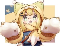 1girl :3 :d animal_ear_headwear animal_ears animal_hands animal_hat animal_hood bag bandaid bandaid_on_face bandaid_on_nose blonde_hair blue_overalls blurry blush border cat_hat depth_of_field fake_animal_ears fang fangs fur_trim gloves green_eyes hair_ornament hairclip hat hat_with_ears highres hood long_hair long_sleeves looking_at_viewer mamehinata open_mouth outstretched_arms overalls paw_gloves paw_print reaching reaching_towards_viewer scarf short_hair sidelocks skin_fangs smile solo straight-on trim5654 upper_body vrchat white_border white_gloves yellow_scarf