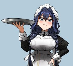 1girl apron black_dress black_hair blue_eyes braid closed_mouth ddolbang dress grey_background hair_intakes hair_ribbon hand_on_own_hip hat highres holding holding_tray hololive hololive_english looking_at_viewer low_twin_braids mob_cap official_alternate_costume official_alternate_hairstyle ouro_kronii ouro_kronii_(maid) ribbon simple_background solo tray twin_braids virtual_youtuber white_apron white_ribbon