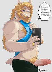 1boy animal_ears artist_name asgore_dreemurr bara beard belly biceps black_pants blonde_hair blue_tank_top chest_hair clothes_lift commentary dated english_commentary english_text erection facial_hair floppy_ears furry furry_male goat_ears goat_horns goat_tail gold_ring highres holding holding_phone horns looking_at_viewer lyro male_focus open_mouth pants penis phone pubic_hair shirt_lift speech_bubble stomach_hair tank_top undertale
