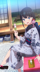 Rule 34 | 1girl, archived source, asa no ha (pattern), black hair, black sandals, blue eyes, blue kimono, blue sash, blush, dango, day, floral print, floral print kimono, flower, food, game cg, gridman universe, hair flower, hair ornament, hair over shoulder, highres, holding, holding food, japanese clothes, kimono, long hair, looking at viewer, low ponytail, obi, official art, open mouth, outdoors, pink flower, platform sandals, ponytail, print kimono, sandals, sanshoku dango, sash, sitting, solo, ssss.gridman, takarada rikka, tatami, third-party source, wagashi, yukata