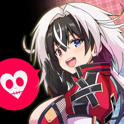 1girl asahi breasts female_focus from_side heart heterochromia kamitani_kikka large_breasts leotard lilith-soft long_hair looking_back open_mouth shiny_skin solo spoken_heart taimanin_(series) taimanin_rpgx teeth upper_body upper_teeth_only