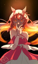 Rule 34 | 1girl, 3year etarou, absurdres, animal ears, bare shoulders, bow, breasts, cleavage, dress, ear ribbon, floating hair, hair between eyes, hair over shoulder, hand up, highres, horse girl, long hair, looking at viewer, low ponytail, medium hair, multicolored hair, parted lips, ponytail, red dress, red eyes, red hair, red ribbon, ribbon, small breasts, smile, solo, still in love (umamusume), streaked hair, two-tone dress, umamusume, very long hair, white dress, white hair