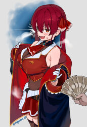 1girl blush breasts heterochromia highres hololive houshou_marine large_breasts long_hair looking_at_viewer magister money open_mouth red_eyes red_hair smile solo solo_focus twintails virtual_youtuber yellow_eyes
