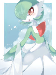 Rule 34 | blue sky, border, cloud, colored skin, commentary request, falling petals, gardevoir, gardevoir day, gen 3 pokemon, green hair, highres, iwasi 29, looking at viewer, nintendo, open mouth, outside border, petals, pokemon, pokemon (creature), red eyes, sky, sparkle, white border, white skin