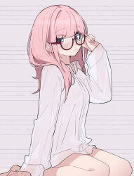 1girl blush closed_mouth collared_shirt commentary dress_shirt english_commentary girls_band_cry glasses hair_down highres hina_(girls_band_cry) long_hair long_sleeves looking_at_viewer pink_hair red-framed_eyewear see-through_silhouette semi-rimless_eyewear shirt sidelocks solo under-rim_eyewear wavy_mouth white_shirt yun_cao_bing