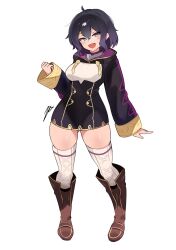 1girl ahoge black_dress boots breasts brown_boots buttons dress female_morgan_(fire_emblem) fire_emblem fire_emblem_awakening fire_emblem_heroes full_body gluteal_fold hair_between_eyes hand_up highres hood hood_down knee_boots long_sleeves looking_at_viewer medium_breasts nintendo open_mouth purple_eyes purple_hair purple_theme short_dress short_hair sidelocks signature simple_background solo teeth thighhighs white_background white_thighhighs zet_(twt_zet)