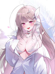 1girl absurdres ahoge bare_shoulders blush bow bra breasts brown_hair cleavage collar collarbone commentary_request falling_petals fangs goddess_of_victory:_nikke hair_bow hair_intakes hair_ornament hand_on_own_chest heart_collar highres horns jogabi large_breasts long_hair looking_at_viewer off_shoulder official_alternate_costume open_mouth partially_unbuttoned petals pink_eyes shirt sleeves_past_wrists smile solo teeth underwear upper_body upper_teeth_only viper_(nikke) viper_(shine_of_love)_(nikke) white_bow white_bra white_collar white_horns white_shirt