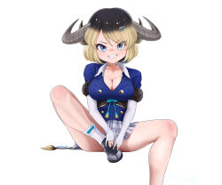 1girl animal_ears beleven black_fur black_hair blonde_hair blue_eyes blue_jacket blue_skirt breasts cleavage cow_ears cow_girl cow_horns cow_tail elbow_gloves fingerless_gloves fur_trim gloves gold_choker gyumaou_(kemono_friends) hair_between_eyes highres horns jacket kemono_friends kemono_friends_3 large_breasts multicolored_hair open_mouth plaid_clothes plaid_skirt pleated_skirt short_sleeves sidelocks skirt smile socks solo tail white_gloves white_skirt white_socks