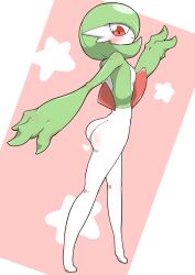 1girl ass blush bob_cut colored_skin gardevoir gen_3_pokemon green_hair green_skin highres kazamidoririnn looking_at_viewer multicolored_skin nintendo pink_background pink_eyes pokemon pokemon_(creature) simple_background smile two-tone_skin white_skin