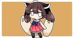 0_0 1girl ahoge bare_arms bare_shoulders black_pantyhose black_shoes blue_bow blue_bowtie blunt_bangs blush border bow bowtie brown_background brown_hair chibi chibi_only closed_mouth dress frilled_dress frills full_body headgear ini_(inunabe00) jitome kiritanpo_(food) looking_at_viewer outline outside_border pantyhose red_dress sailor_collar sailor_dress shoes short_hair simple_background sleeveless sleeveless_dress solo standing touhoku_kiritan voiceroid white_border white_outline white_sailor_collar