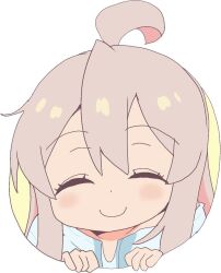 Rule 34 | 1girl, ahoge, blue shirt, closed eyes, closed mouth, collarbone, commentary request, happy, highres, hole, light blush, long hair, onii-chan wa oshimai!, oyama mahiro, pink hair, shirt, smile, solo, white background, ximu shilang, yellow background