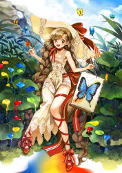 1girl :d apple972 art_brush braid brown_eyes brown_hair bug butterfly canvas_(object) cross-laced_footwear dress easel female_focus hat insect inzup leaf long_hair looking_at_viewer open_mouth original paint paintbrush red_shoes ribbon shoes smile solo twin_braids very_long_hair yellow_hat