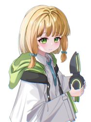 1girl 3: animal_ear_headphones animal_ears aqua_bow aqua_necktie blonde_hair blue_archive blunt_bangs blush bow buttons cat_ear_headphones chinese_commentary chromatic_aberration closed_mouth collared_shirt commentary_request fake_animal_ears from_side frown green_eyes green_jacket hair_bow hands_up headphones headphones_removed highres holding holding_headphones hood hood_down hooded_jacket jacket long_sleeves looking_at_viewer low-tied_sidelocks making-of_available medium_hair midori_(blue_archive) multicolored_jacket necktie no_halo open_clothes open_jacket school_uniform shirt sidelocks simple_background solo turning_head unworn_headphones upper_body wavy_mouth white_background white_jacket white_shirt wide_sleeves wing_collar xiaoxiaoyifan