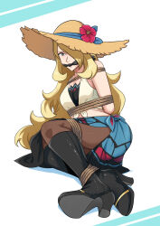 1girl arms_behind_back blonde_hair bound breasts cleave_gag cloth_gag cynthia_(pokemon) cynthia_(summer_2025)_(pokemon) gag gagged improvised_gag legs long_hair lost_one_zero nintendo pokemon pokemon_masters_ex sarong