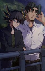 Rule 34 | 2boys, absurdres, against railing, aged up, arm up, belt, black hair, black jacket, blue eyes, blue sky, brown belt, brown eyes, crossed arms, dress shirt, facial mark, facing to the side, forest, fudo yusei, green shirt, grey pants, hair slicked back, hand in own hair, hand on own cheek, hand on own face, hand on railing, hand up, highres, jacket, leaf, looking at viewer, looking down, looking to the side, male focus, multiple boys, nature, night, night sky, open clothes, open jacket, outdoors, pants, parted bangs, popped collar, railing, scar, scar across eye, scar on face, shirt, side-by-side, sky, smile, spiked hair, star (sky), sufaaa0427, thick eyebrows, tree, ushio tetsu, white shirt, yu-gi-oh!, yu-gi-oh! 5d&#039;s